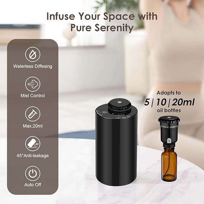 Waterless Diffuser for Essential Oil Nebulizer, 7 Colors LED Light, Battery Powered Mini Scent Air Machine, Aromatherapy Mist Diffuser for Home Room Car Office Black - Bloomnest