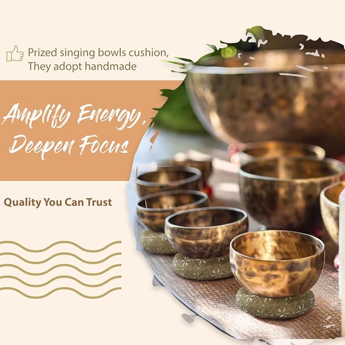 7 Pcs Singing Bowl Cushion Set for 6-12" Tibetan Singing Bowls, Handmade Silk Brocade Round Cushion Pillow for Meditation Sound Healing and Crystal Sound Bowls Accessories(Brown) - Bloomnest