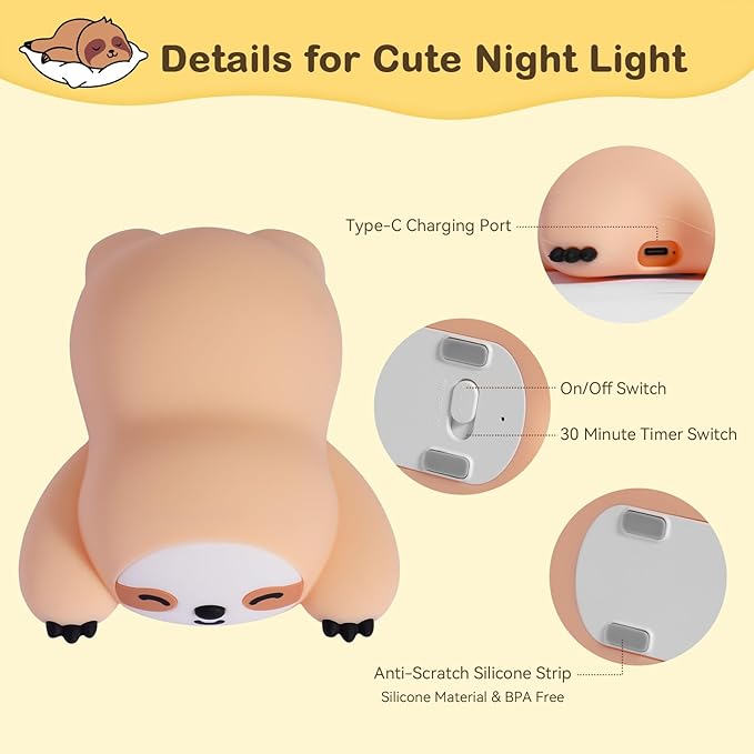 Cute Sloth Night Light for Kids, 3-Level Dimmable Nursery Nightlight, Silicone Squishy Light Up Sloth Gifts, Rechargeable Bedside Touch Lamp for Breastfeeding Toddler Baby Kids Decor - Bloomnest