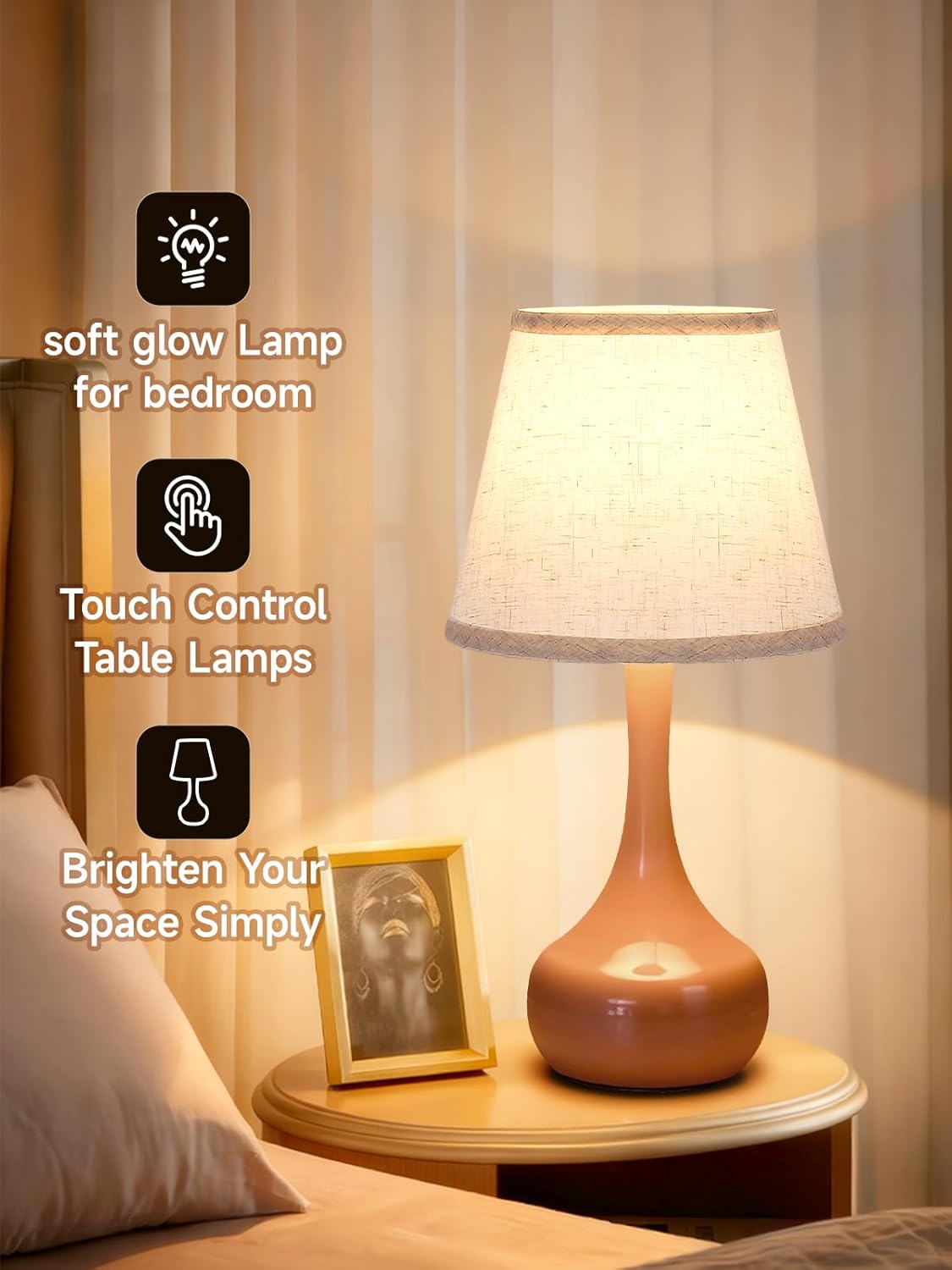 Touch Table Lamp for Bedroom, 3-Way Dimmable Table Lamps for Nightstand with Fabric Shade, Lamps for Living Room，Desk Lamps for Home Office, Pink Lamp for Bedroom