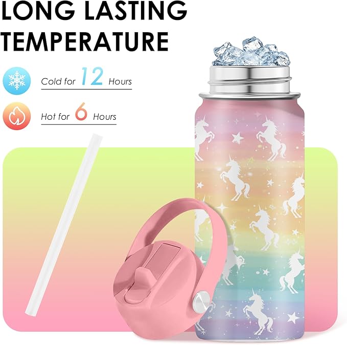 Unicorn Gifts 16 oz Water Bottle with Straw Lid, Stainless Steel Insulated Tumbler, Leak Proof, BPA - Free, Cute Rainbow Unicorn Pattern Mug for Birthday, Christmas, Daily Use, Travel (1pc) - Bloomnest