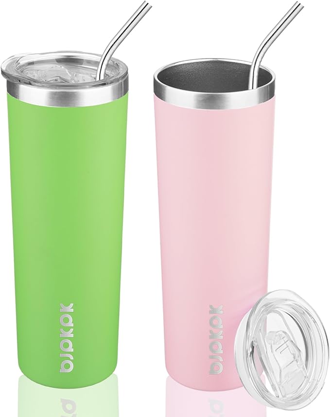 BJPKPK 20 oz Skinny Tumbler with Lid 2 Pack Slim Insulated Travel Coffee Cup Stainless Steel Thermal Mug,Green,Light Pink - Bloomnest