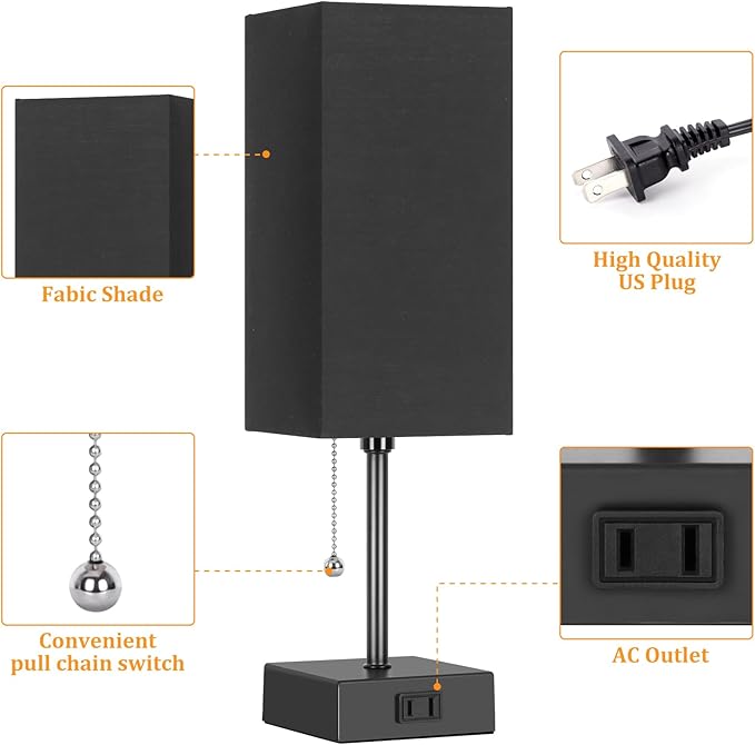 Table Lamp for Bedroom set of 2,3-Color Bedside Lamps with Pull Chain Table Lamps for Nightstand with AC Outlets, Night Light Lamps with 2 Bulbs Lamps for Living Room Kids Office Decor（Black） - Bloomnest