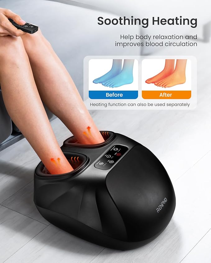 RENPHO Foot Massager Machine with Heat [2026 Upgraded], Shiatsu Foot Massager for Plantar Fasciitis, Foot Massager Machine for Women, Wireless Control, True Full Foot Massager, Up to Size 14, BK