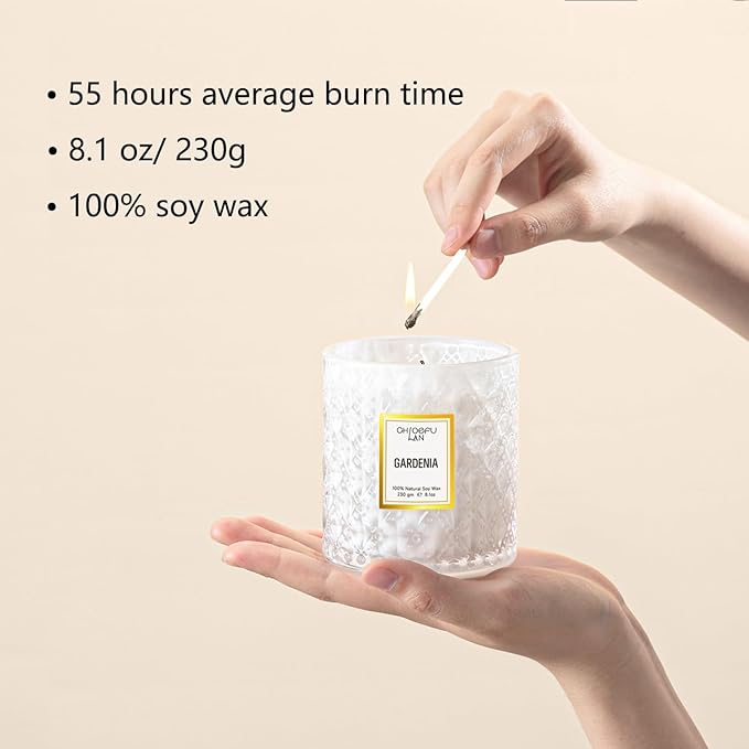 Chloefu LAN Gardenia Scented Candles for Home, Natural Soy Candle Gifts for Home Decor, Birthday Candless Gift for Women, Holiday Gifts, 8.1oz 55 Hours Burn - Bloomnest