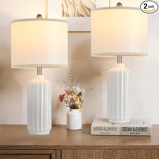 Lamp for Living Room Bedroom Lamps Farmhouse Table Lamps Set of 2 Vertical Stripe Ceramic Table Lamp,Linen Shade with Bulb, 25 in High, White - Bloomnest