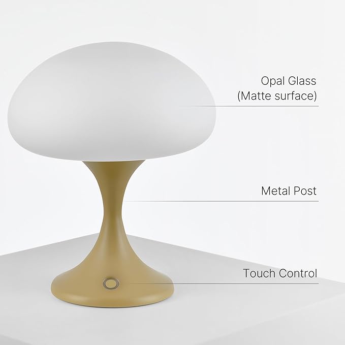 Mushroom Lamp, 5W LED Cordless Rechargeable Table Lamp with Glass Shade, Small Retro Dimmable Touch Light with 3 Color Temps, Aesthetic Mid Century Bedside Light for Bedroom Ambient, Mustard - Bloomnest