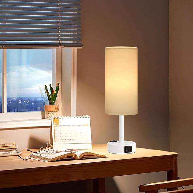 Fenmzee Matte White Bedside Table Lamp for Bedroom - 3 Way Dimmable Touch Lamp USB C Charging Ports and AC Outlet, Small Lamp Round Flaxen Fabric Shade for Living Room, Desk, LED Bulb Included - Bloomnest