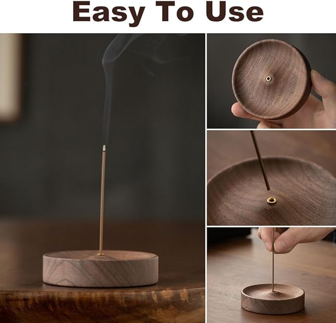 Black Walnut Incense Holder for Sticks - Round Wooden Incense Burner Tray, Handcrafted Natural Aroma Diffuser Bowl with Minimalist Design