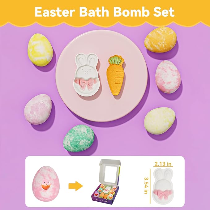 Kids Bath Bombs with Surprise Inside: 9 Pcs Natural Organic Egg Bunny Shaped Basket Stuffers for Kid Girls Boys Bubble Bathbombs Fruit Scented Spa Birthday Gift Set Party Favors Children 3+ Year Old - Bloomnest