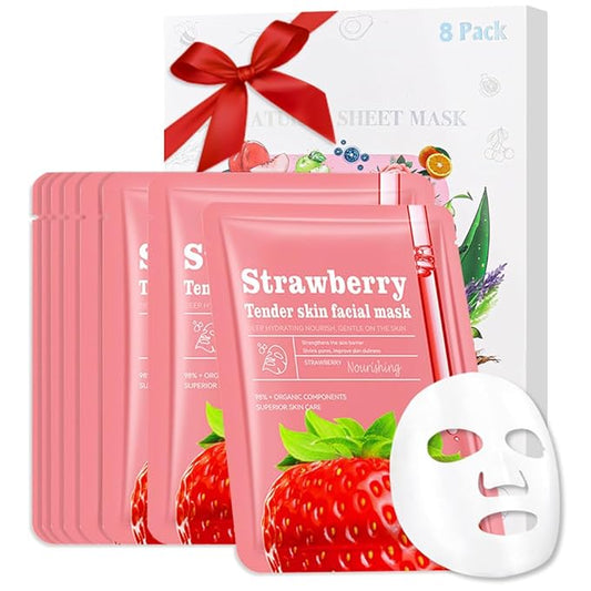 8 Pack Strawberry Face Mask,Pink Face Masks Skincare Spa Day Kit Supplies,Spa Party Favors for Women,Sheet Facial Mask Skincare Gifts Set,Moisturize Soothe for All Skin Types - Bloomnest