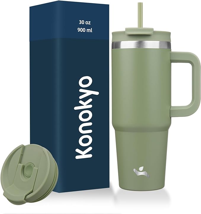 30 oz Tumbler with Handle and 2 Straws,2 in 1 Lid Insulated Water Bottle Stainless Steel Travel Coffee Mug,Army Green - Bloomnest