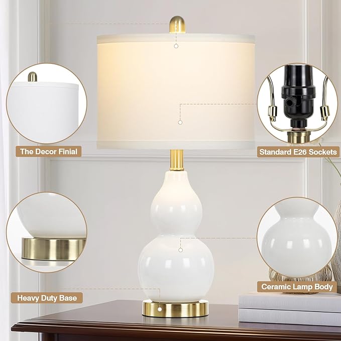 22" Modern Double Gourd Ceramic Table Lamps Set of 2, White Bedside Lamps for Living Room, Contemporary Nightstand Desk Lamps for Bedroom End Table Home Office Decor(2 LED Bulbs Included) - Bloomnest