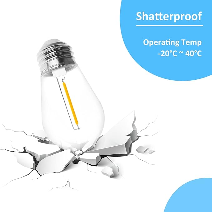 Jslinter S14 5000K Daylight Outdoor String Lights Bulbs Replacement, Shatterproof & Waterproof, 1 Watt LED 11W Equivalent, E26 Base Non-dimmable, Edison Vintage Style for Patio Garden, 24-Pack - Bloomnest
