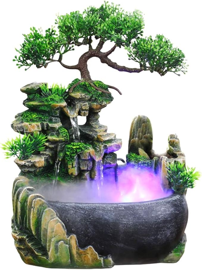 Indoor Fountain, Tabletop Water Fountain Desktop Meditation Waterfall Fountain with Rockery, Plant, Atomizing Humidifier for Office, Home, Bedroom Desk Décoration(US 110V) - Bloomnest