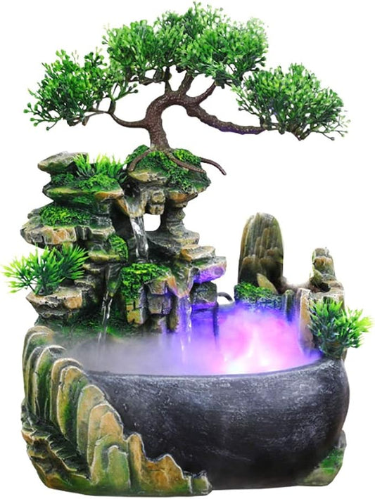 Indoor Fountain, Tabletop Water Fountain Desktop Meditation Waterfall Fountain with Rockery, Plant, Atomizing Humidifier for Office, Home, Bedroom Desk Décoration(US 110V) - Bloomnest