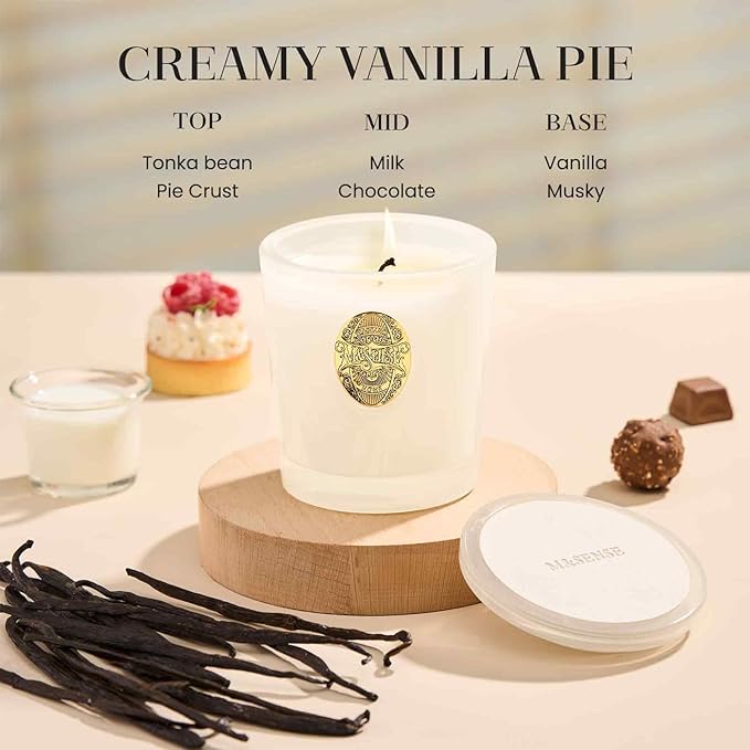 M&SENSE Natural Soy Candle | Creamy Vanilla Pie & White | 9.2 oz, 50H Burn Time | Luxury Scented Candle for Relaxation, Gifting, Home Décor | Ideal for Bedroom, Office, Party Ambiance - Bloomnest