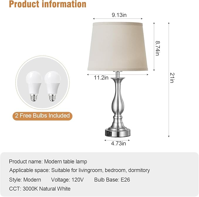 Bedside Table Lamp Touch Control Bedroom Lamps with USB A and C Charging Port 3 Way Dimmable Touch Lamps for Nightstand Living Room Bedroom Dorm Home Office Reading, Set of 2 - Bloomnest