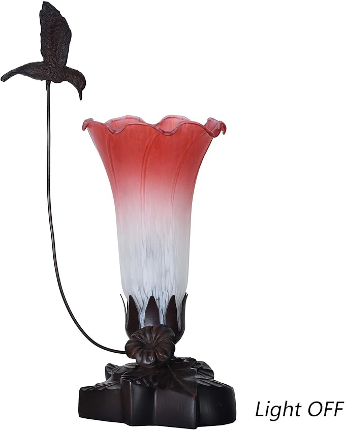 Bieye LL06 Hummingbird Flying Over Lily Flower Blown Glass Table Lamp for Home Decor (White Red, 4.25Wx12H)