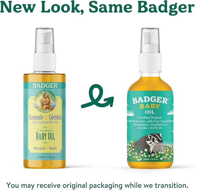 Badger Baby Oil, 100% Organic Ingredients to Soften & Moisturize Dry Skin or Cradle Cap, Soothing Vegan Organic Baby Oil, 4 fl oz Glass Bottle - Bloomnest