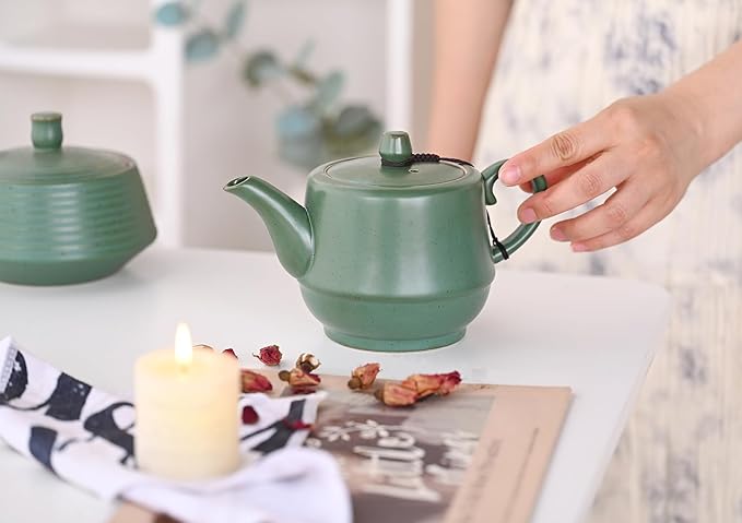 Rural Style Ceramic Teapot with Stainless Steel Infuser 16 Ounces Porcelain Blooming & Loose Leaf Teapot (Green)