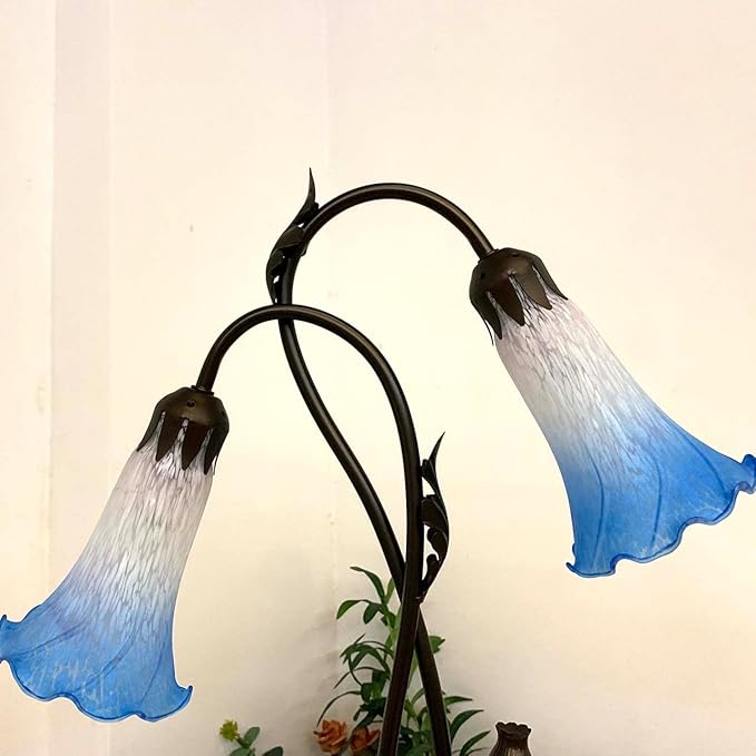 Bieye L10853 Lily Flower Blown Glass Accent Table Lamp for Living Room Bedroom Decoration (2-Light, Blue) - Bloomnest