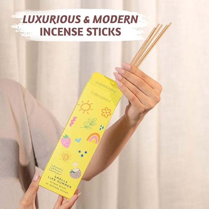 Folkulture Incense Sticks (75 Sticks) |8" Premium Smell Like Summer Incense Sticks For Gifts,Aromatherapy|No Charcoal,Organic,Non Toxic,45 Mins, Long Burning Citrus, Fresh Summer Scents Insence-Sticks FOLKULTURE