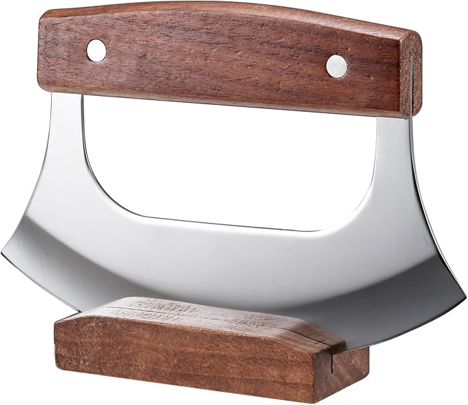 Ulu Knife - Sharp Rocker Mezzaluna Knife with Stand for Cutter Pizza, Meat, Vegetables, Herb, Salad, Stainless Steel Blade, Walnut Wood Handle, Kitchen Essentials Accessories and Gadgets Tools - Bloomnest