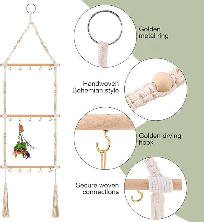3-Tier Hanging Herb Drying Rack, Includes 25 Gift Tags & 32ft Natural Jute Twine, Handwoven Hanging Herb Dryer Rack Plant Hanger for Drying Herbs, Flowers, Sage(COLOR:Beige) - Bloomnest