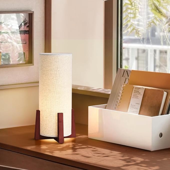 KUNJOULAM Modern Small Table Lamps, Nightstand Lamp with Linen Fabric Shade, 13.9" Cylinder Bedside Table Lamp for Bedroom, Cafe, Living Room Home Decor - Bloomnest