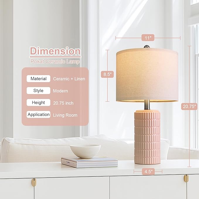PoKat 20.75" Pink Ceramic Table Lamps Set of 2, Small Modern Bedroom Lamps for Girls Room, Bedside Lamps for Night Stands, Cute Lamps for Living Room Decor, Nightstands Desk Lamp, Light Pink - Bloomnest