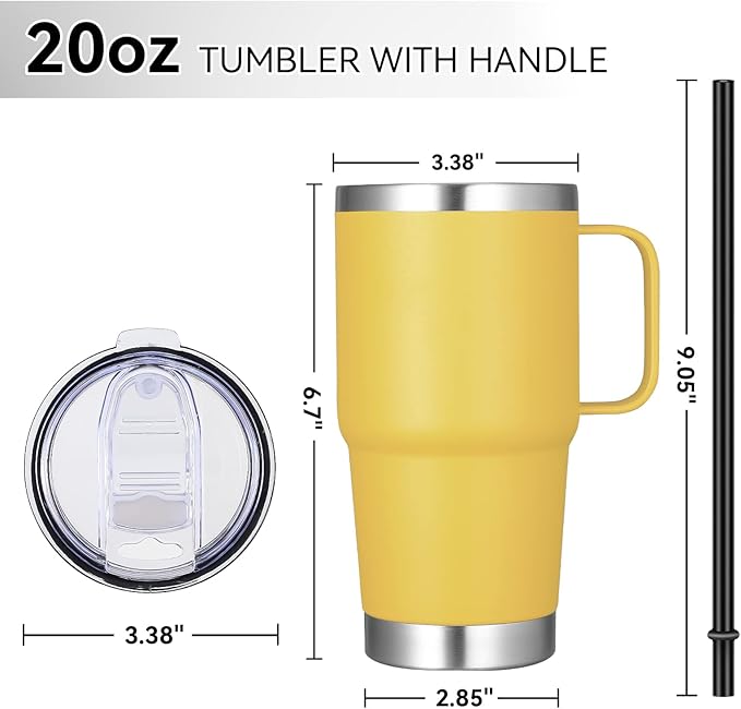 VEGOND 20 oz Tumbler Bulk with Handle Lid and Straw, Stainless Steel Insulated Travel Coffee Mug Set, Spill Proof Double Wall Metal Tumblers Cups, Yellow 6 Pack - Bloomnest