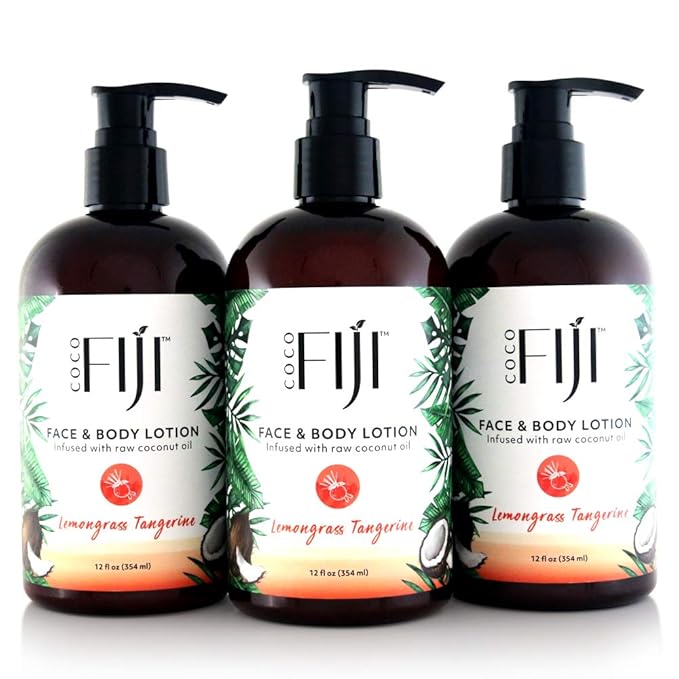 Coco Fiji Face & Body Lotion Infused With Coconut Oil | Lotion for Dry Skin | Moisturizer Face Cream & Massage Lotion for Women & Men | Lemongrass Tangerine 12 oz, Pack of 3 - Bloomnest