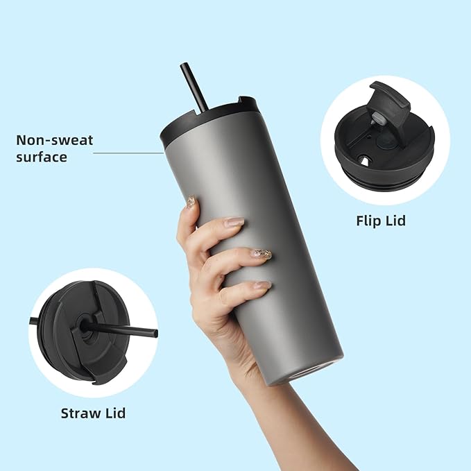 22 OZ Insulated Tumbler with Lid and 2 Straws Stainless Steel Water Bottle Vacuum Travel Mug Coffee Cup,Gray - Bloomnest