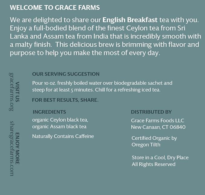 Grace Farms Organic English Breakfast Black Tea, 16 Pyramid Sachets | Fairtrade & Kosher |Gives Back 100% of Profits - Bloomnest
