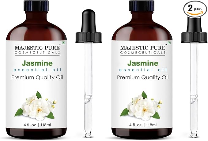 Majestic Pure Essential Oil with Glass Dropper - 100% Pure and Natural - Essential Oils for Diffuser, Aromatherapy, Soap and Candle Making, Jasmine Essential Oil, Jasmine Oil, 4 Fl Oz (Pack of 2) - Bloomnest
