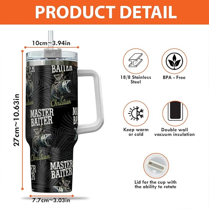 Funny Fishing Dad Tumbler with Handle and Straw, Custom Fisherman Gift with Pirate Fish Design, Personalized Present for Father Who’s a Bait Master - Bloomnest