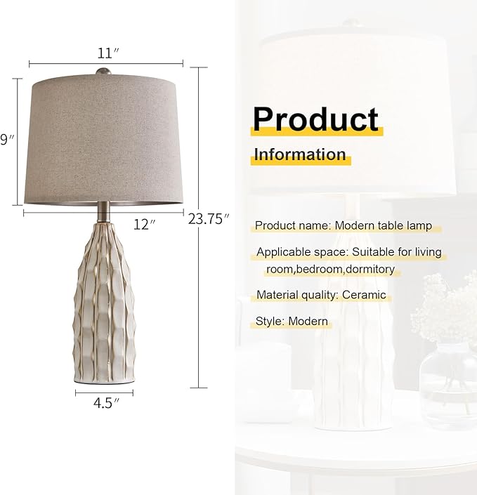 Ceramic Table Lamps Set of 2, 23.75" Modern Farmhouse Bedside Lamp - Cream Nightstand Lamps for Bedroom, Boho Living Room End Tables, Small Office Desk Lamp Decor - Bloomnest