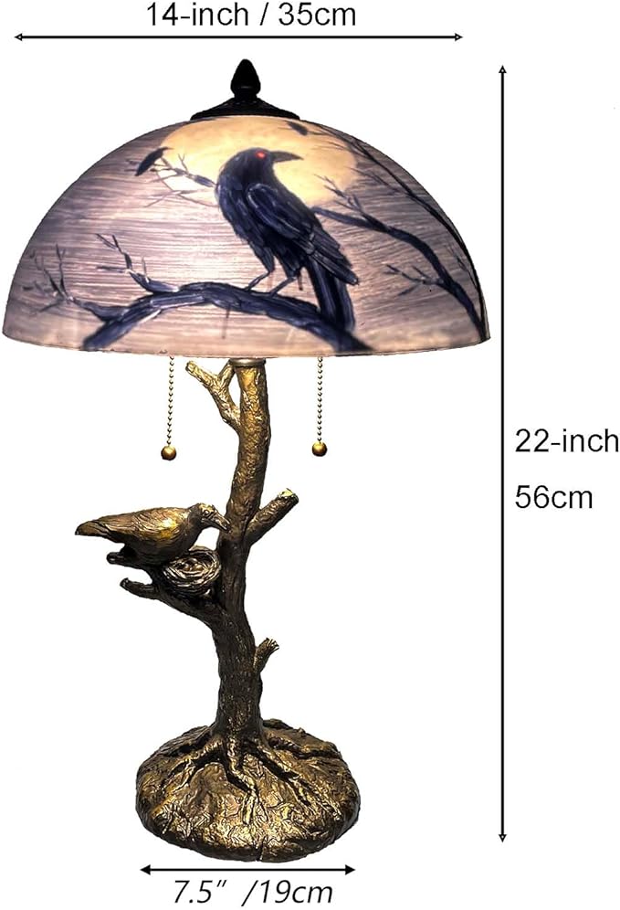 Bieye L10945 Ravens Sitting on Bare Tree Branch Against Full Moon Hand-Painted Glass Table Lamp with Raven Nest Lamp Base for Halloween Home Decor