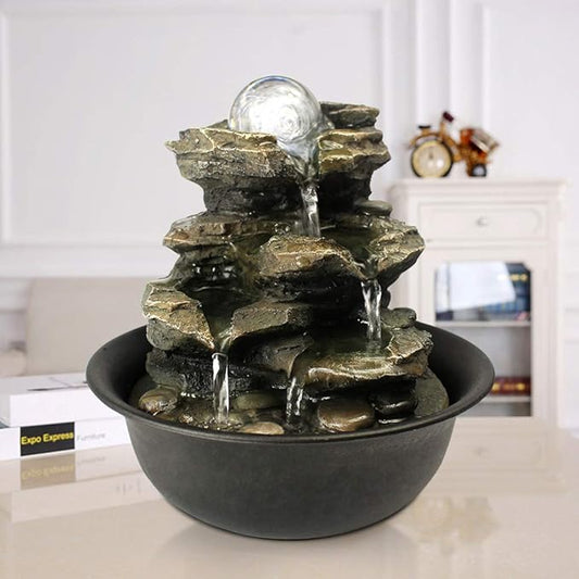 8.3" High 4-Tier Cascading Rock Falls Tabletop Water Fountain with LED Light & Spinning Ball - Indoor Small Waterfall Feature for Office, Home and Bedroom Desktop Decor Dark Grey - Bloomnest