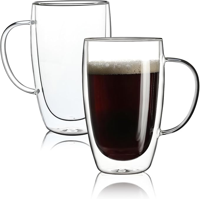 Aurzen 2 Pack Double Walled Glass Coffee Mugs with Handles, Large Insulated Layer Coffee Cups, 15oz Clear Borosilicate Mugs, Perfect for Cappuccino, Tea, Microwave Safe - Bloomnest