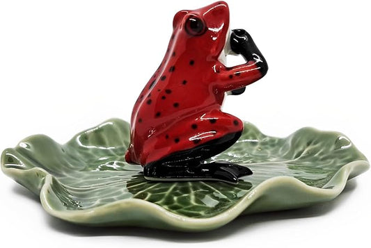 2" Red Black Frog On 4" Wide Lotus Leaf Ceramic Incense Stick Holder Artistic Collectible Figurine for Adult Collectors Interior Accent Gift Handcrafted Porcelain Home Room Decor - Bloomnest