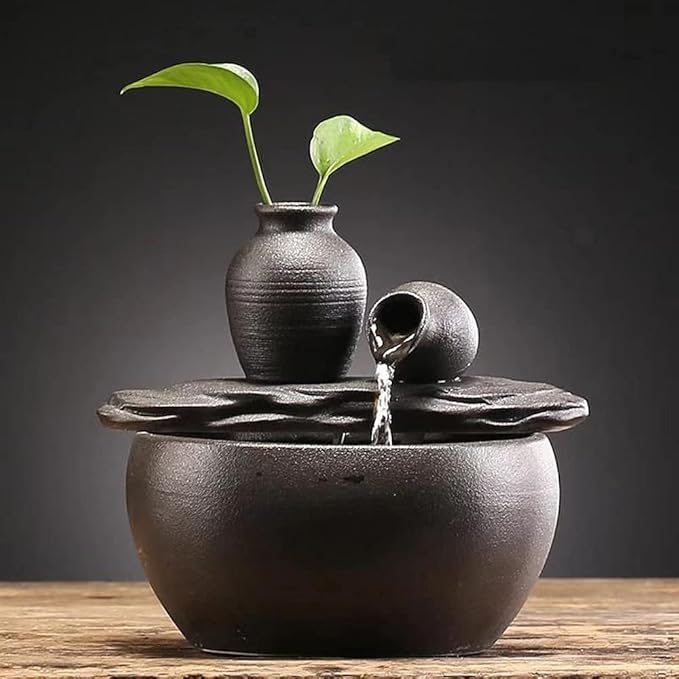 Ceramic Tabletop Fountain for Indoor and Home Decoration Table Desk Office Patio (Ceramic Pot Fountain) (Black) - Bloomnest