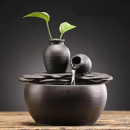 Ceramic Tabletop Fountain for Indoor and Home Decoration Table Desk Office Patio (Ceramic Pot Fountain) (Black) - Bloomnest