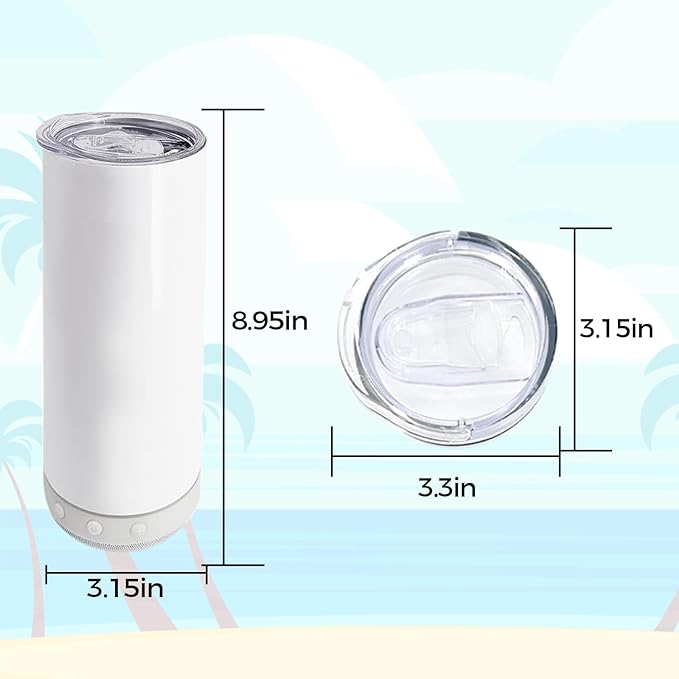 6 Pack 20 OZ Sublimation Blank Tumblers Bulk Stainless Steels Double Vacuum Bluetooth Speaker Music Insulated Tumbler with Lid and Straw Metal Cup White - Bloomnest