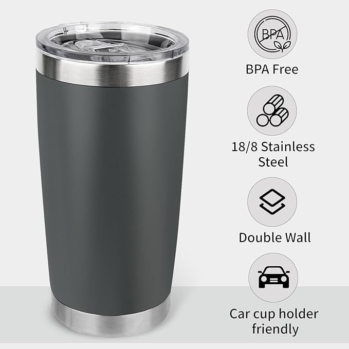 20oz Stainless Steel Tumbler with Lid, Travel Mug - Double Wall Vacuum Powder Coated Cup - Grey, 1 Pack - Bloomnest