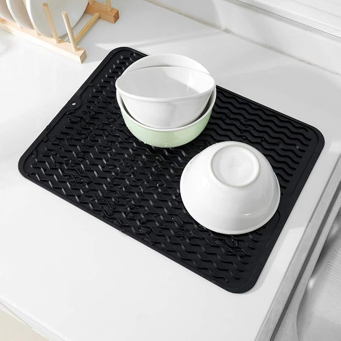 Silicone Dish Drying Mat for Multiple Usage,Easy clean,Eco-friendly,Heat-resistant Silicone Mat for Kitchen Counter or Sink,Refrigerator or drawer liner Black L 16 inches x 12 inches - Bloomnest