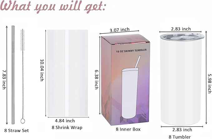 15 Oz Sublimation Tumblers Blank (8 Pack), Skinny Straight Kids Sublimation Tumblers Bulk, Individually Gift Boxed, White Tumblers Sublimation - Bloomnest