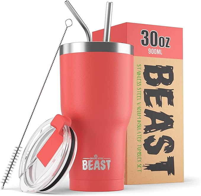 Beast 30 oz Tumbler Stainless Steel Vacuum Insulated Coffee Ice Cup Double Wall Travel Flask (Coral Pink) - Bloomnest