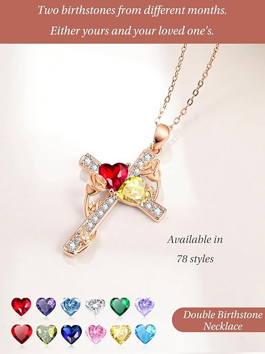 Rose Gold Dual Birthstones Cross Necklace for Women Rose Flower Jewelry Anniversary Christmas Mother's Valentine's Day Birthday Gift for Wife Girlfriend Mom - Bloomnest
